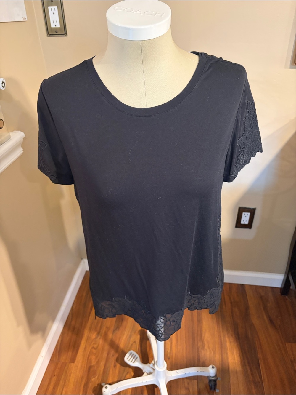 White House Black Market Black Short Sleeve Top with Lace Trim